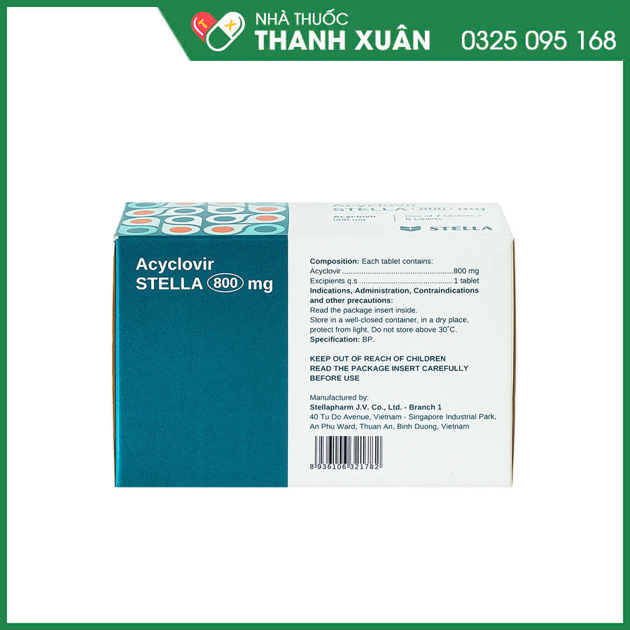 Acyclovir STELLA 800mg thuốc điều trị, phòng ngừa và ngăn ngừa tái phát nhiễm Herpes simplex, bệnh thủy đậu và zona